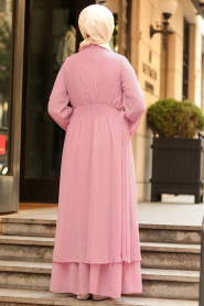 Nayla Collection - Fiyonklu Pembe Tesettür Elbise 5006P - Thumbnail