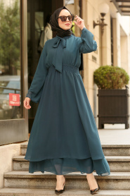 Nayla Collection - Fiyonklu Petrol Mavisi Tesettür Elbise 5006PM - Thumbnail