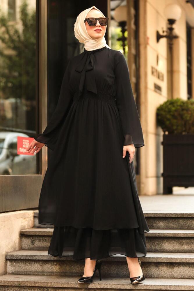 Nayla Collection - Fiyonklu Siyah Tesettür Elbise 5006S - 1