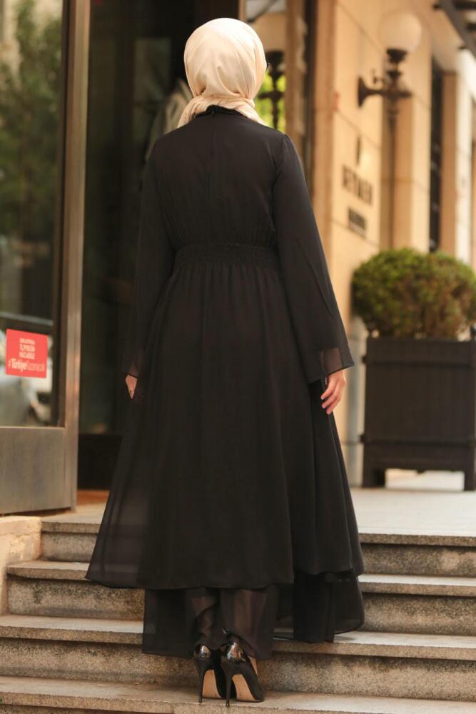 Nayla Collection - Fiyonklu Siyah Tesettür Elbise 5006S - 2