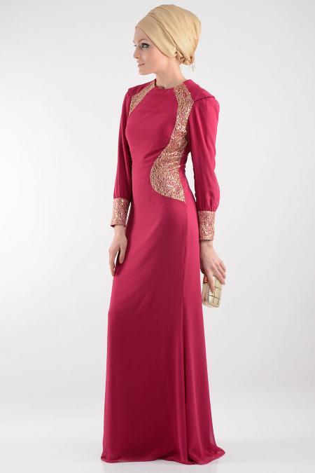 Nayla Collection - İşlemeli Fuşya Tesettür Elbise 7022F - 2