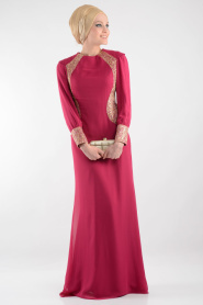 Nayla Collection - İşlemeli Fuşya Tesettür Elbise 7022F - Thumbnail
