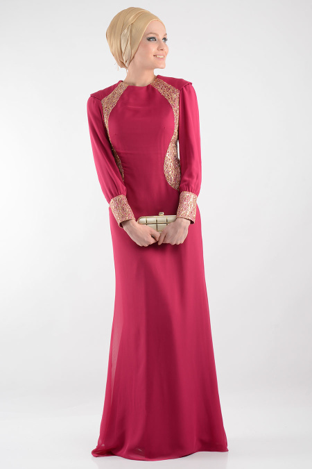 Nayla Collection - İşlemeli Fuşya Tesettür Elbise 7022F