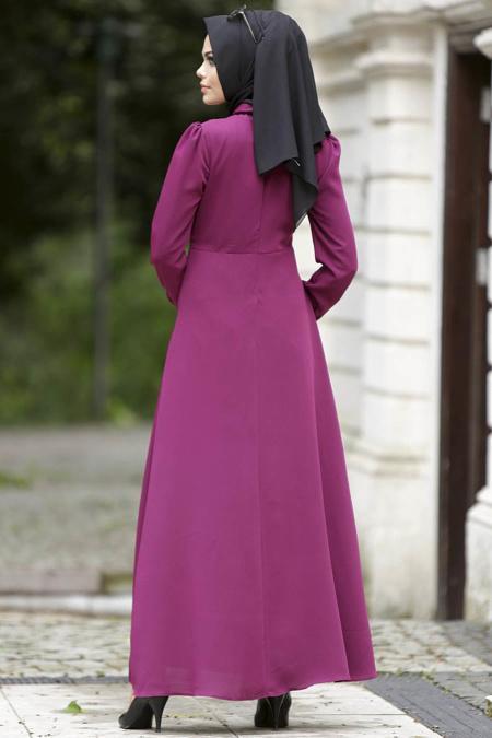 Nayla Collection - Büzgüllü Fuşya Tesettür Elbise 4014F - 3