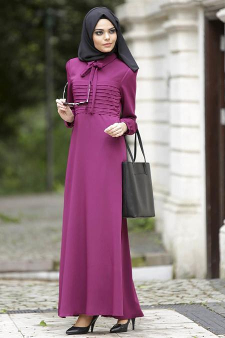 Nayla Collection - Büzgüllü Fuşya Tesettür Elbise 4014F - 2