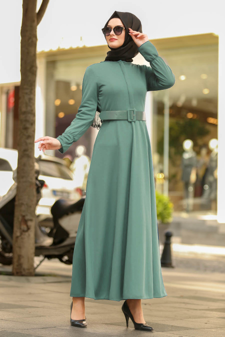 Nayla Collection - Gizli Düğmeli Çağla Yeşili Tesettür Elbise 41510CY