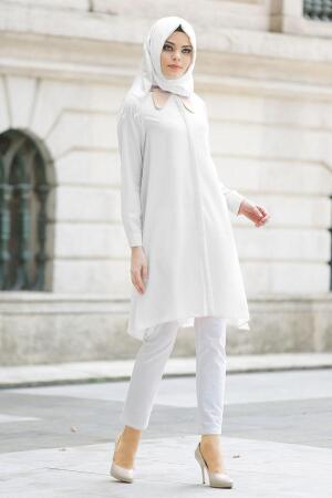 Nayla Collection - Gizli Düğmeli Ekru Tesettür Tunik 5069E - 1