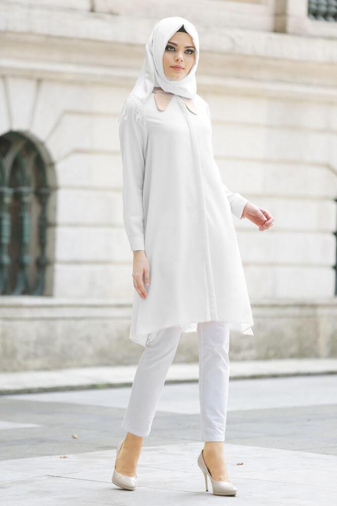 Nayla Collection - Gizli Düğmeli Ekru Tesettür Tunik 5069E - 1