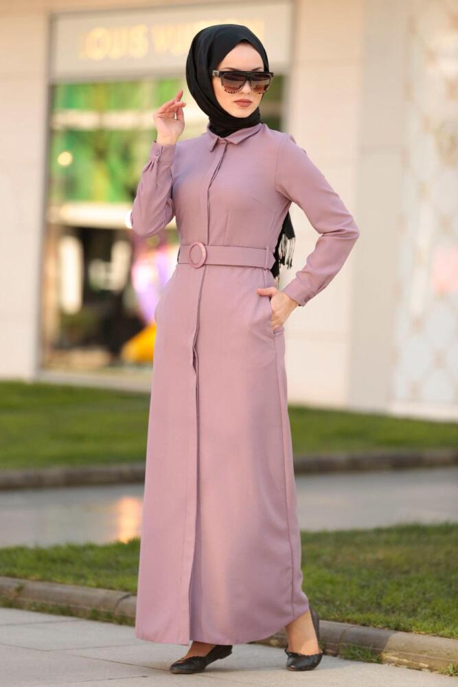 Nayla Collection - Gizli Düğmeli Gül Kurusu Tesettür Elbise 42540GK - 1
