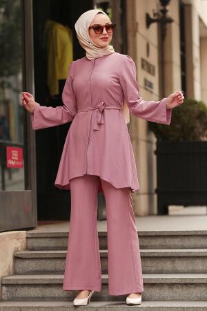Nayla Collection - Gizli Düğmeli Gül Kurusu Tesettür İkili Takım 143GK - 1