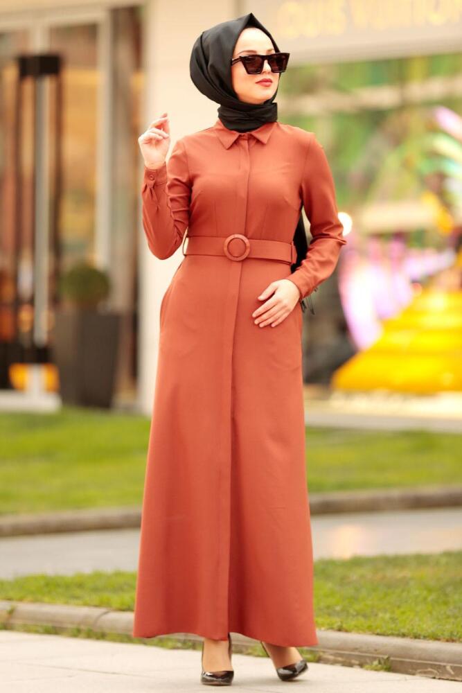 Nayla Collection - Gizli Düğmeli Kiremit Tesettür Elbise 42540KRMT - 1