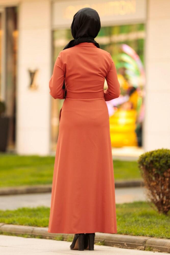 Nayla Collection - Gizli Düğmeli Kiremit Tesettür Elbise 42540KRMT - 2