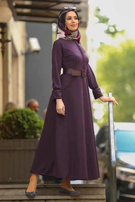 Nayla Collection - Gizli Düğmeli Mor Tesettür Elbise 41510MOR - 3