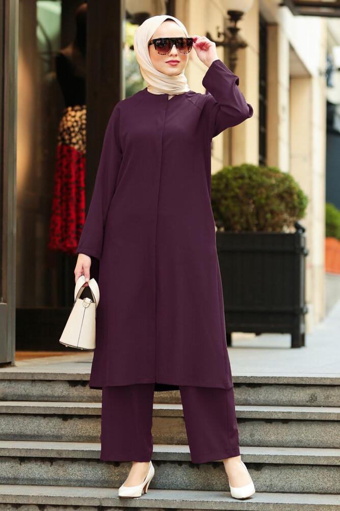 Nayla Collection - Gizli Düğmeli Mürdüm Tesettür Takım 51230MU - 1