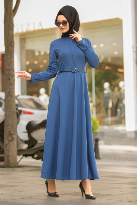 Nayla Collection - Gizli Düğmeli Petrol Mavisi Tesettür Elbise 41510PM