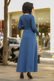 Nayla Collection - Gizli Düğmeli Petrol Mavisi Tesettür Elbise 41510PM - Thumbnail