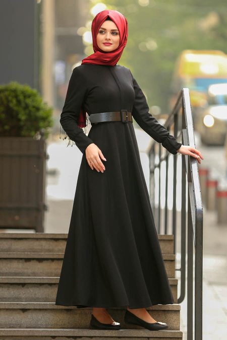 Nayla Collection - Gizli Düğmeli Siyah Tesettür Elbise 41510S
