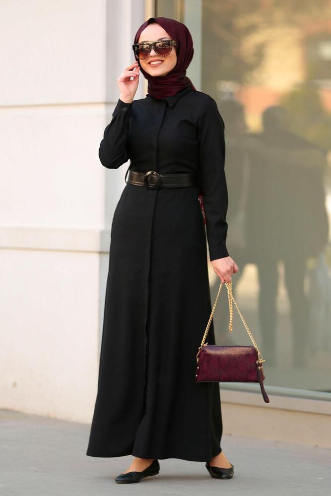 Nayla Collection - Gizli Düğmeli Siyah Tesettür Elbise 42540S - 1