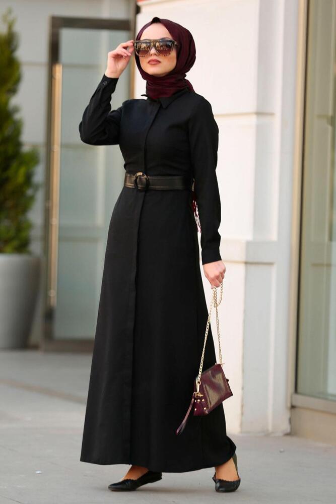 Nayla Collection - Gizli Düğmeli Siyah Tesettür Elbise 42540S - 2