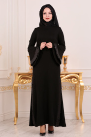 Nayla Collection - Gizli Yırtmaçlı Siyah Tesettür Abiye Elbise 42561S - Thumbnail