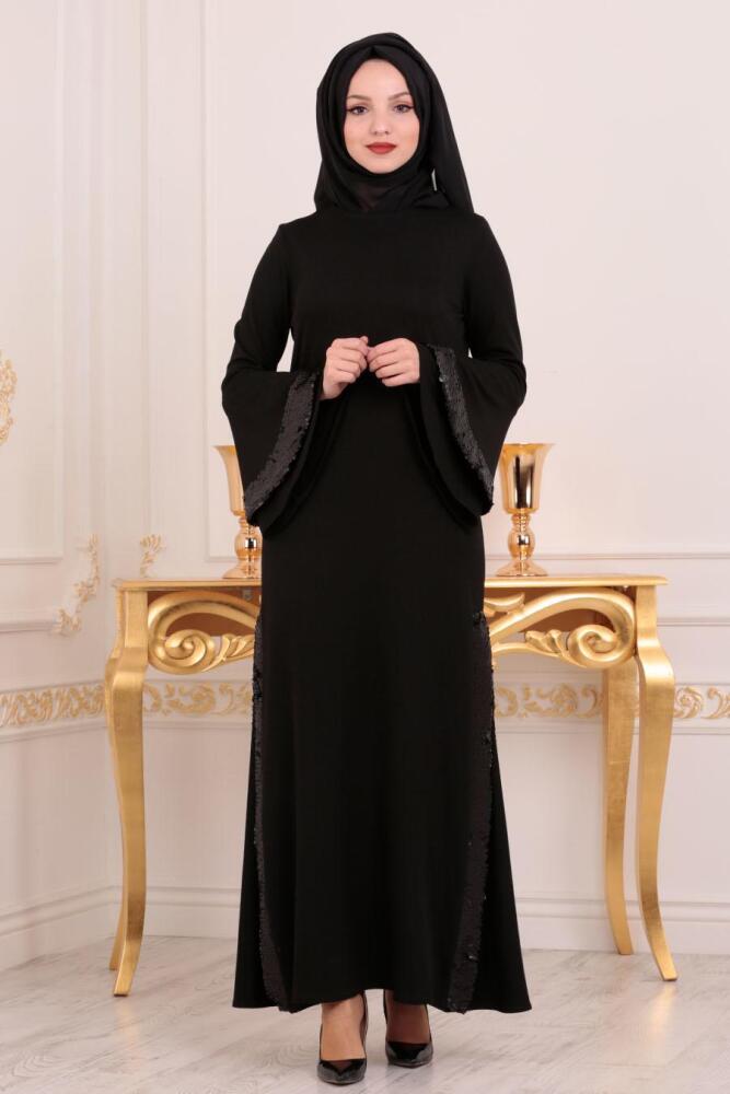 Nayla Collection - Gizli Yırtmaçlı Siyah Tesettür Abiye Elbise 42561S - 2