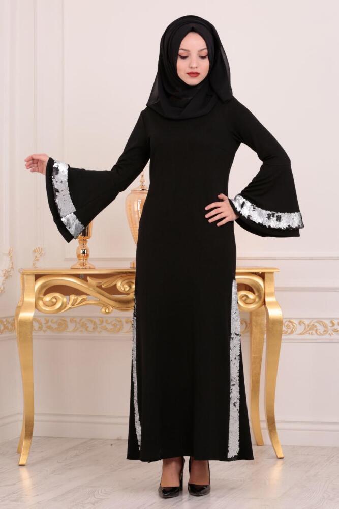 Nayla Collection - Gizli Yırtmaçlı Siyah Tesettür Abiye Elbise 42562S - 1