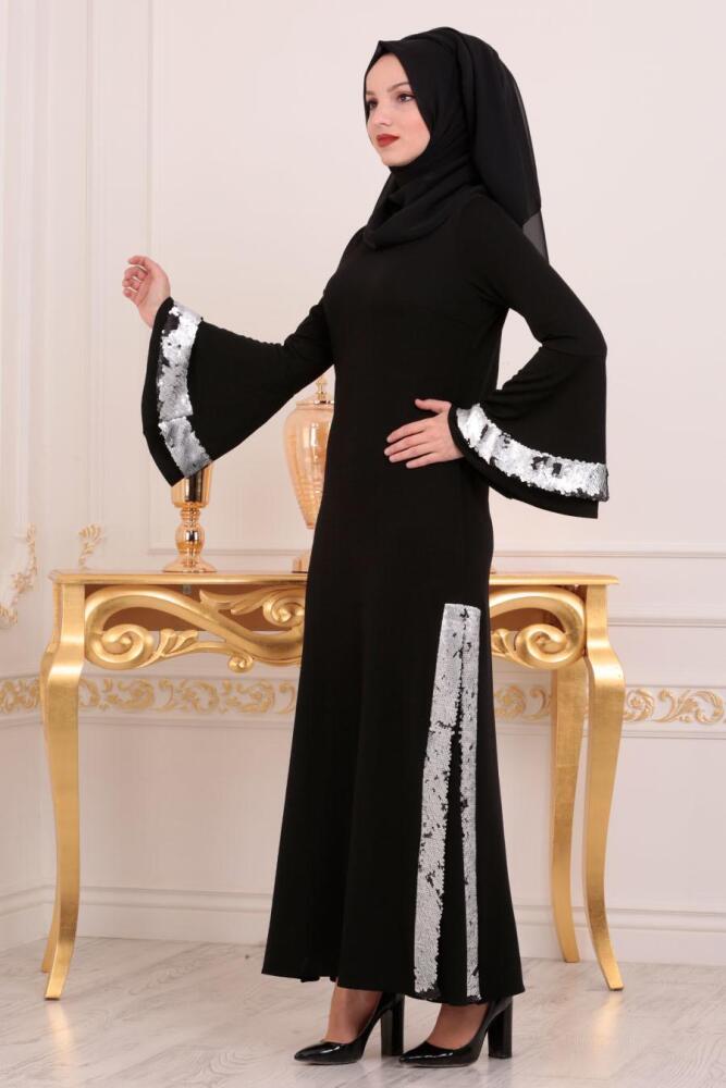 Nayla Collection - Gizli Yırtmaçlı Siyah Tesettür Abiye Elbise 42562S - 2