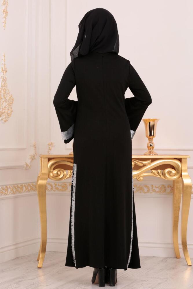 Nayla Collection - Gizli Yırtmaçlı Siyah Tesettür Abiye Elbise 42562S - 3