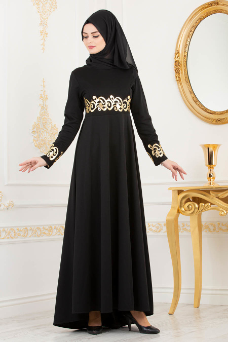 Nayla Collection - Gold Desenli Siyah Tesettür Elbise 79550S