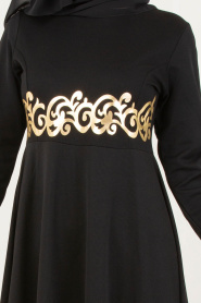 Nayla Collection - Gold Desenli Siyah Tesettür Elbise 79550S - Thumbnail