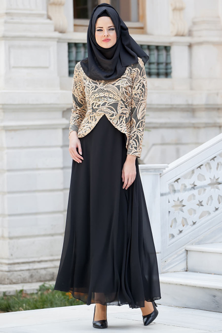 Nayla Collection - Gold / Siyah Tesettür Elbise 4047S