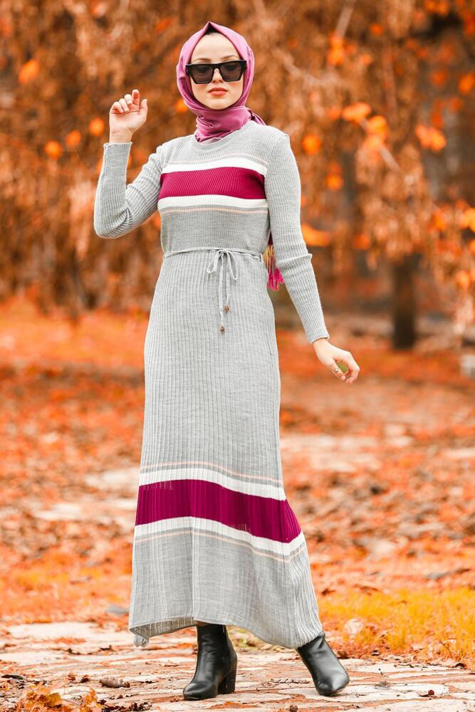Nayla Collection - Grey Hijab Knitwear Dress 15583GR - 1