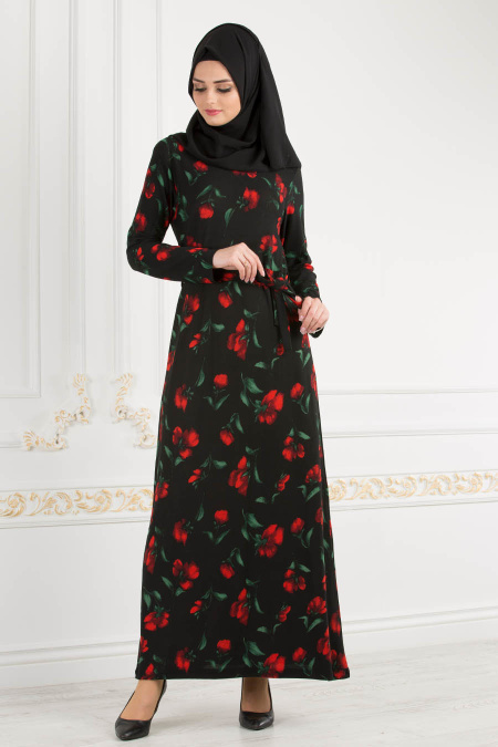 Nayla Collection - Gül Desenli Kemerli Siyah Tesettür Elbise 180011S