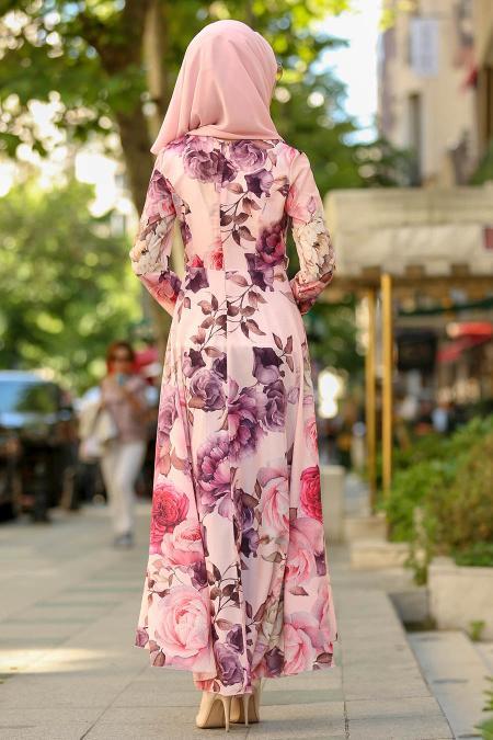 Nayla Collection - Gül Desenli Somon Tesettür Elbise 41570SMN - 2