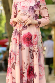 Nayla Collection - Gül Desenli Somon Tesettür Elbise 41570SMN - Thumbnail