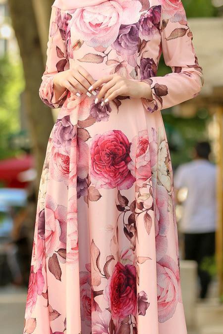 Nayla Collection - Gül Desenli Somon Tesettür Elbise 41570SMN - 3