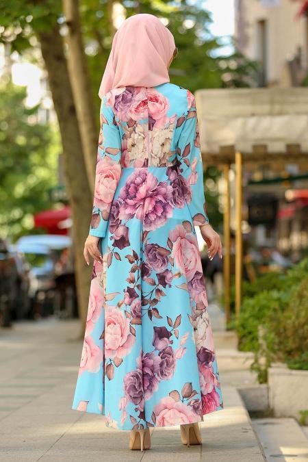 Nayla Collection - Gül Desenli Turkuaz Tesettür Elbise 41570TR - 2