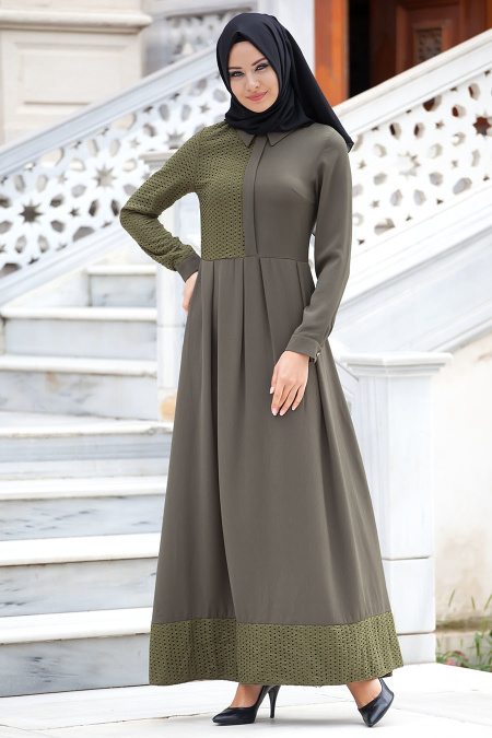 Nayla Collection - Haki Tesettür Elbise 8006HK