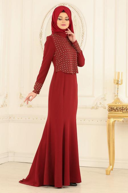 Nayla Collection - Hakim Yaka Bordo Tesettür Abiye Elbise 20020BR - 2