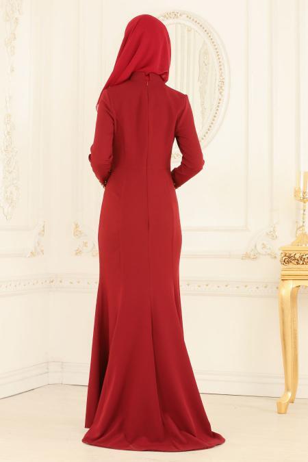 Nayla Collection - Hakim Yaka Bordo Tesettür Abiye Elbise 20020BR - 3