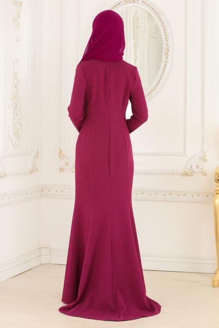 Nayla Collection - Hakim Yaka Fuşya Tesettür Abiye Elbise 20020F - 3