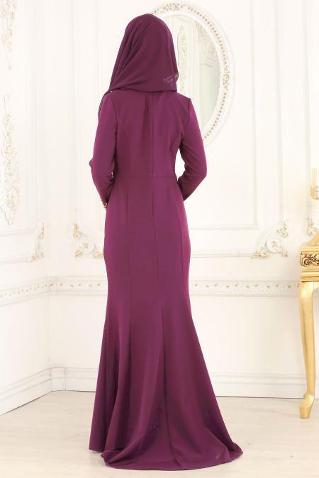 Nayla Collection - Hakim Yaka Mor Tesettür Abiye Elbise 20020MOR - 3