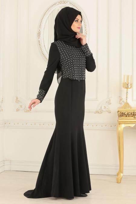 Nayla Collection - Hakim Yaka Siyah Tesettür Abiye Elbise 20020S - 2
