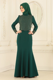 Nayla Collection - Hakim Yaka Yeşil Tesettür Abiye Elbise 20020Y - Thumbnail