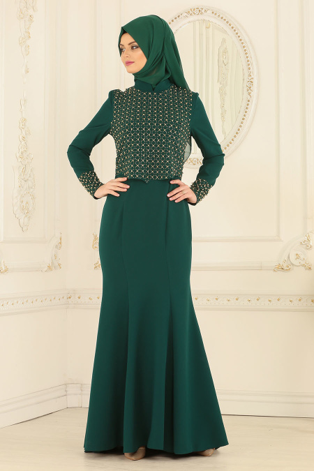 Nayla Collection - Hakim Yaka Yeşil Tesettür Abiye Elbise 20020Y
