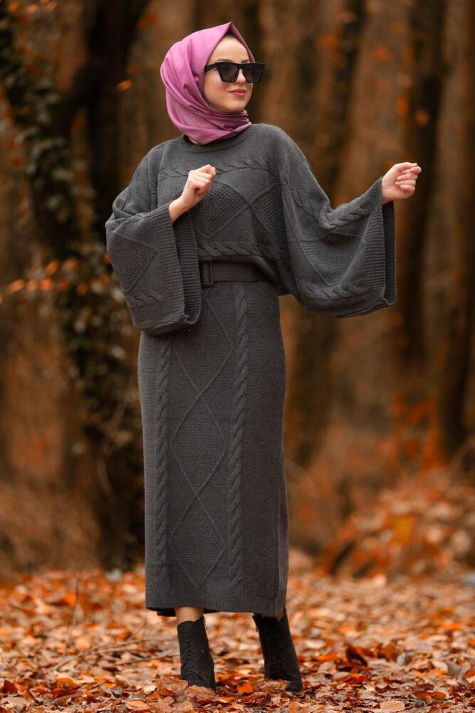 Nayla Collection - İkili Triko Füme Tesettür Takım 2110FU - 2