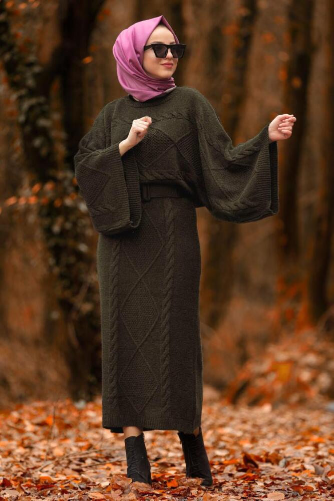 Nayla Collection - İkili Triko Koyu Haki Tesettür Takım 2110KHA - 1