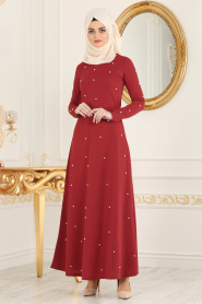 Nayla Collection - İnci Detaylı Bordo Tesettür Elbise 76340BR - Thumbnail