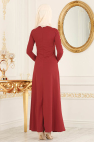 Nayla Collection - İnci Detaylı Bordo Tesettür Elbise 76340BR - Thumbnail