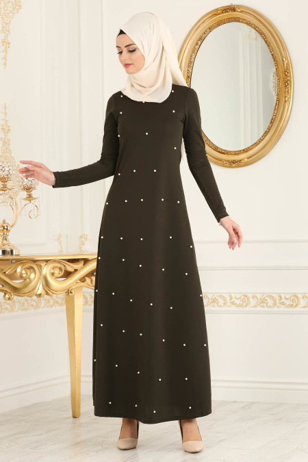 Nayla Collection - İnci Detaylı Haki Tesettür Elbise 76340HK
